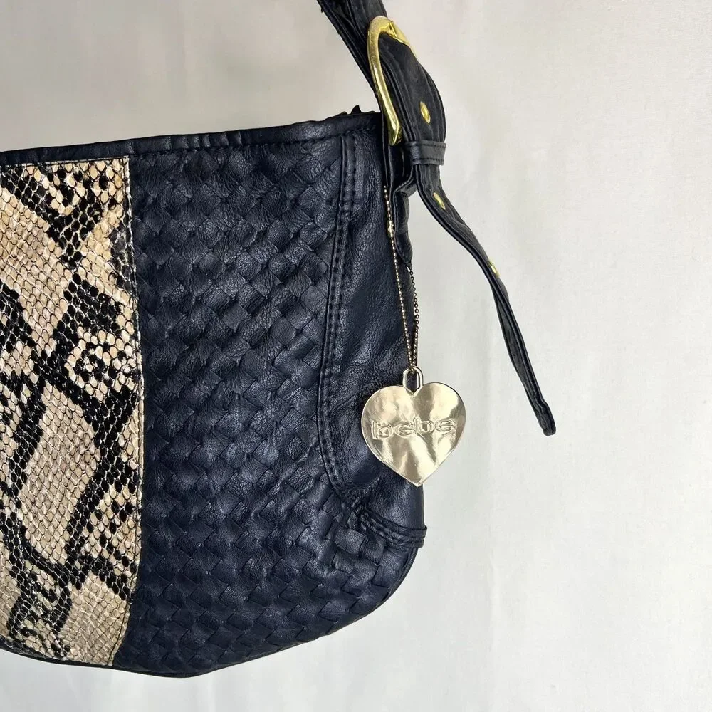 bebe NWT Woven Faux Leather Snake Print Shoulder Hobo Bag Black Gold Charm Y2K